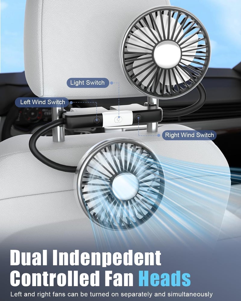Dual Head 360° Rotatable Car Fan for Backseat - USB Powered Adjustable Speed Cooling Fan with LED Lights for Sedan, SUV, Truck, Van - 3 Speed Settings & Flexible Hose  Mount - Image 2