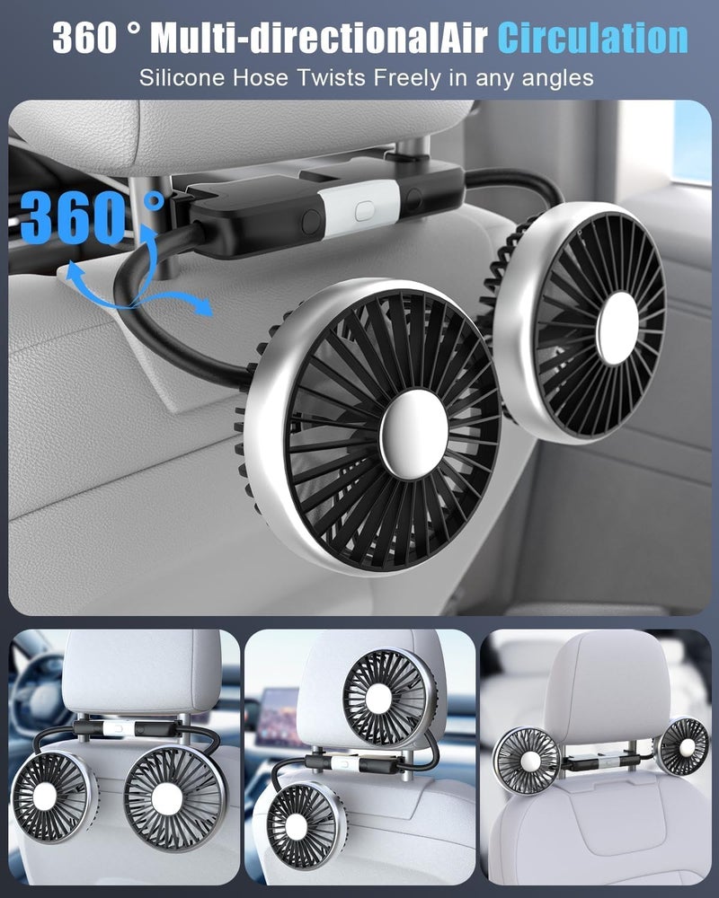 Dual Head 360° Rotatable Car Fan for Backseat - USB Powered Adjustable Speed Cooling Fan with LED Lights for Sedan, SUV, Truck, Van - 3 Speed Settings & Flexible Hose  Mount - Image 3