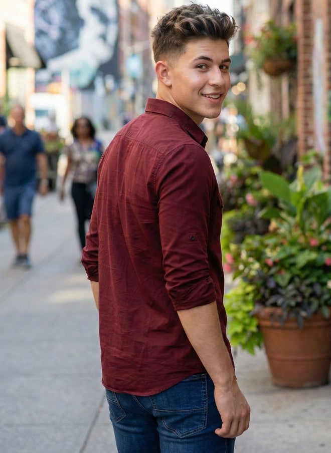 BADLAND Men Classic Casual Shirt - Maroon Solid Opaque - Image 4