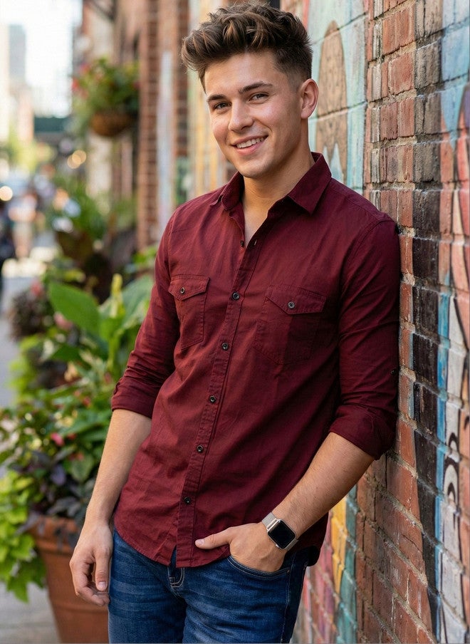 BADLAND Men Classic Casual Shirt - Maroon Solid Opaque - Image 1