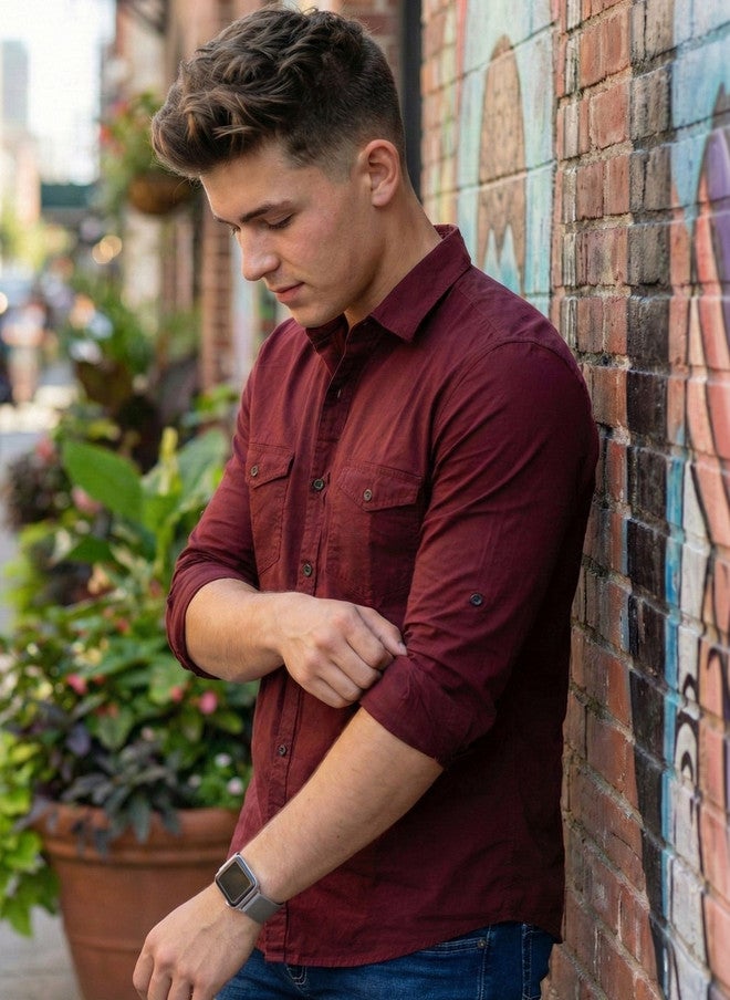 BADLAND Men Classic Casual Shirt - Maroon Solid Opaque - Image 2