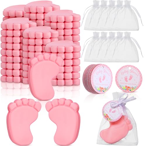 Dimsile 50 Sets Baby Shower Favors Handmade Baby Feet Scented Soap Party Favors for Guests Gifts with Organza Bags and Thanks Tags Wedding Party(Pink) - Image 1