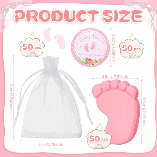Dimsile 50 Sets Baby Shower Favors Handmade Baby Feet Scented Soap Party Favors for Guests Gifts with Organza Bags and Thanks Tags Wedding Party(Pink) - Image 2