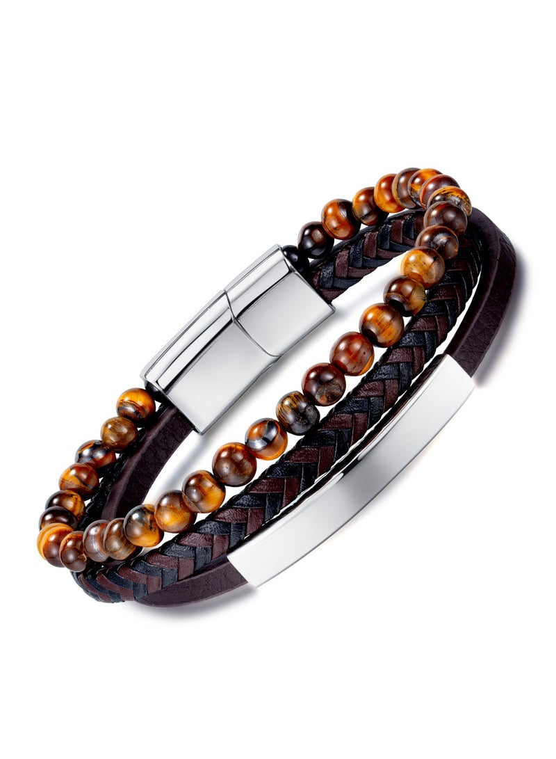 European Style Beaded Stone Bracelets, Vintage Men's Leather Bracelets - Image 1