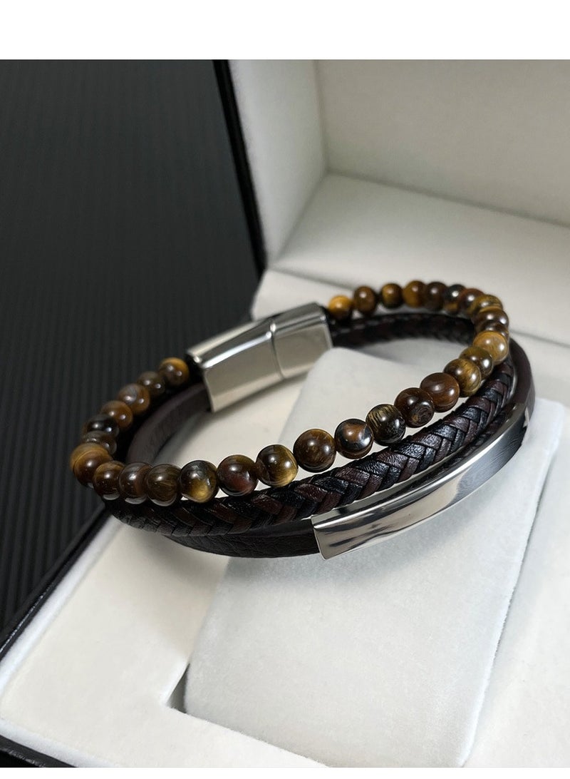 European Style Beaded Stone Bracelets, Vintage Men's Leather Bracelets - Image 2