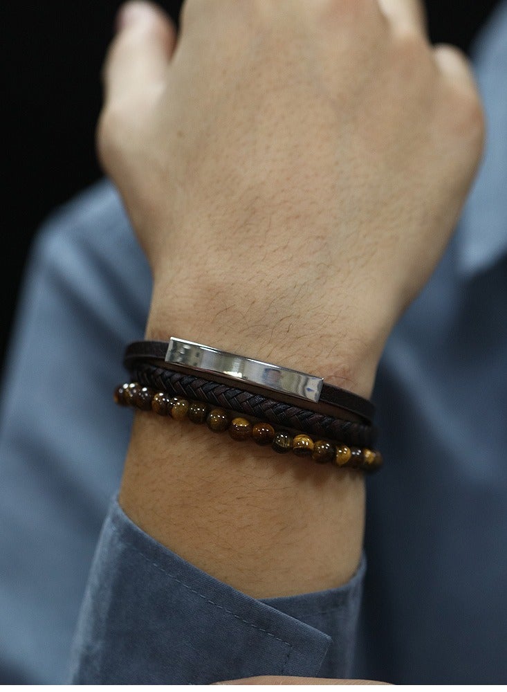 European Style Beaded Stone Bracelets, Vintage Men's Leather Bracelets - Image 4