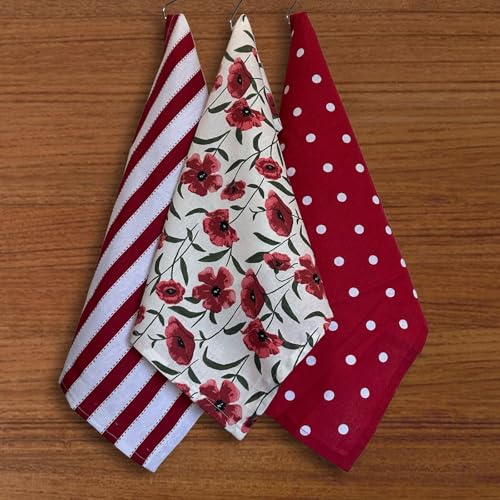 Oak & Lily Set of 3 Kitchen Napkins | Dish Towels | 100% Cotton | Premium European Quality | Washable, Large Size (40 * 60cm) Kitchen Cloth for Roti, Cleaning, Drying, Wiping | Red Poppy Print - Image 3