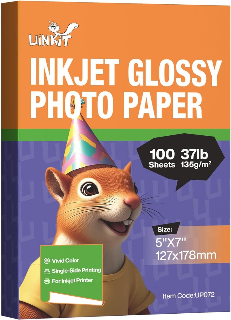 Uinkit 37lb 5x7 Glossy Photo Paper, 100 Sheets Picture Paper for Inkjet Printer, Instant Dry, for DIY Chip Bag, Flyers, Cards, Calendars and Brochures (5X7X100) - Image 1