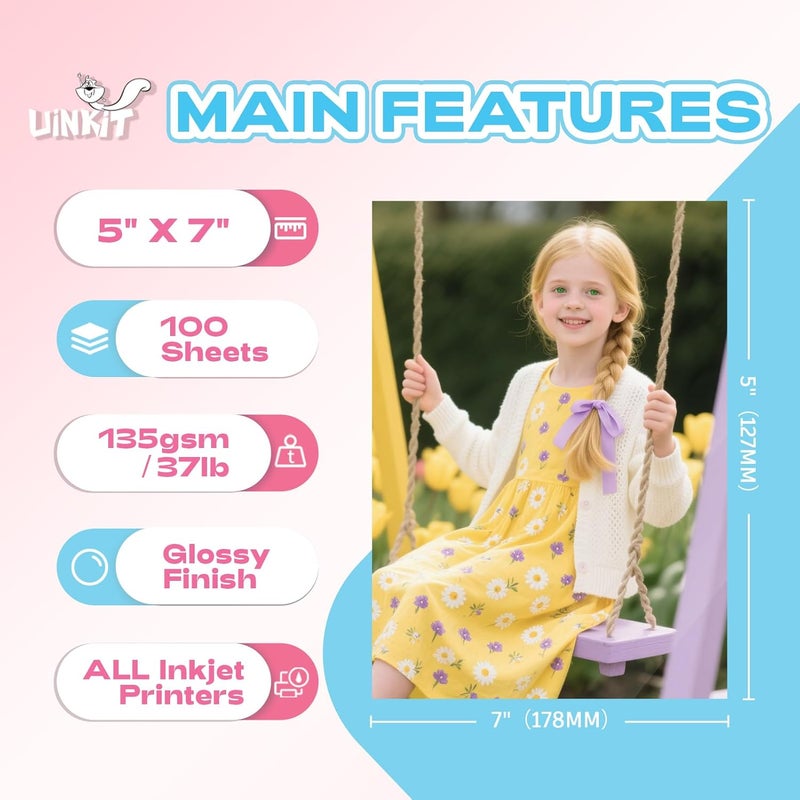 Uinkit 37lb 5x7 Glossy Photo Paper, 100 Sheets Picture Paper for Inkjet Printer, Instant Dry, for DIY Chip Bag, Flyers, Cards, Calendars and Brochures (5X7X100) - Image 2