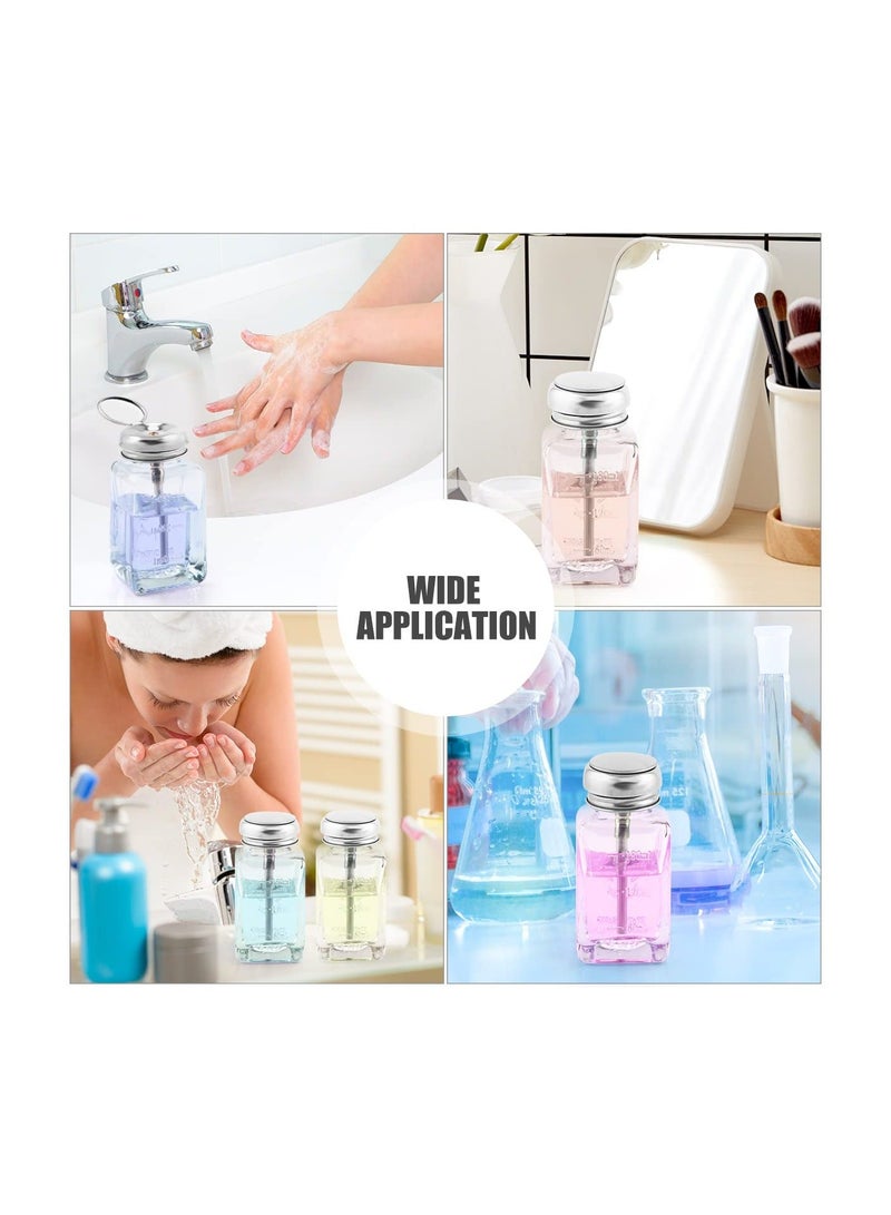 Push Down Empty Bottle, Lockable Pump Dispenser Bottle, 180ml Clear Glass Push Down Dispenser Bottle, Refillable Dispenser Bottle, with Metal Flip Cap for Liquid Remover Makeup Remover Toner - Image 2