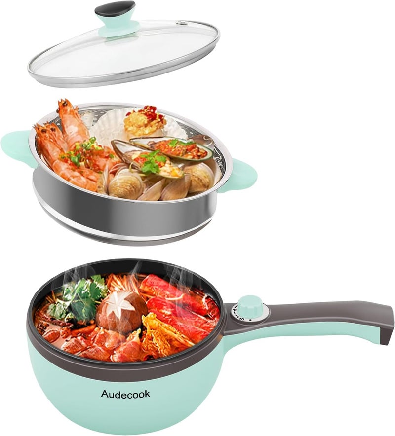 Audecook Hot Pot Electric,Mini Electric Skillet Portable Nonstick Sauté Pan with Power Adjustment, Rapid Ramen Cooker Travel Multicooker Electric Pot for Steak/Soup (A(green/1.5L with steamer)) - Image 1