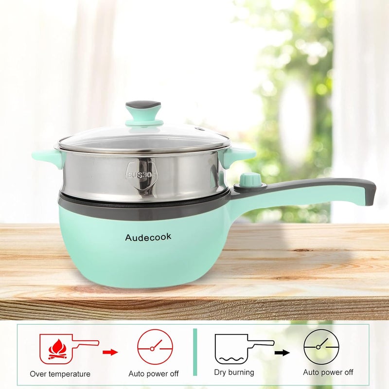 Audecook Hot Pot Electric,Mini Electric Skillet Portable Nonstick Sauté Pan with Power Adjustment, Rapid Ramen Cooker Travel Multicooker Electric Pot for Steak/Soup (A(green/1.5L with steamer)) - Image 4