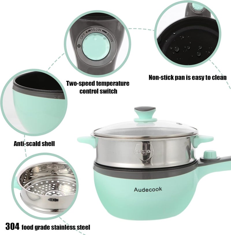 Audecook Hot Pot Electric,Mini Electric Skillet Portable Nonstick Sauté Pan with Power Adjustment, Rapid Ramen Cooker Travel Multicooker Electric Pot for Steak/Soup (A(green/1.5L with steamer)) - Image 2