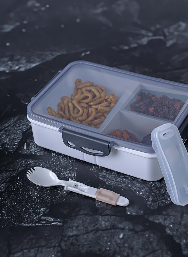 1600Ml Rectangular Lunch Box With Transparent Lid, Spoon, Holder, And 3 Compartments - RF12191 | Plastic, Leak-Proof, High Heat-Retaining. Freezer-Safe, Non-Toxic Grey/White 280grams