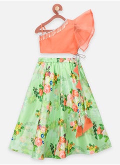 LILPICKS Bright Floral Green Lehenga with Rust One side Shoulder Choli  - Image 1