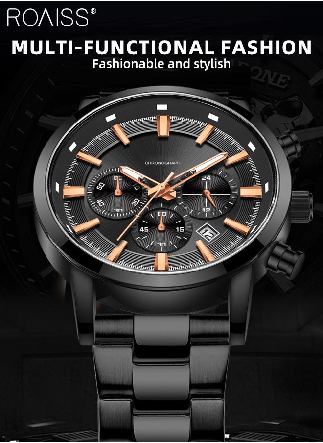 roaiss - Men's Watch Fashion Luxury Chronograph Quartz Watch Metal Stainless Steel Strap Waterproof Sports Luminous Wristwatch as Gift for Male - Image 1
