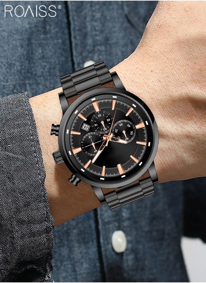 roaiss - Men's Watch Fashion Luxury Chronograph Quartz Watch Metal Stainless Steel Strap Waterproof Sports Luminous Wristwatch as Gift for Male - Image 1