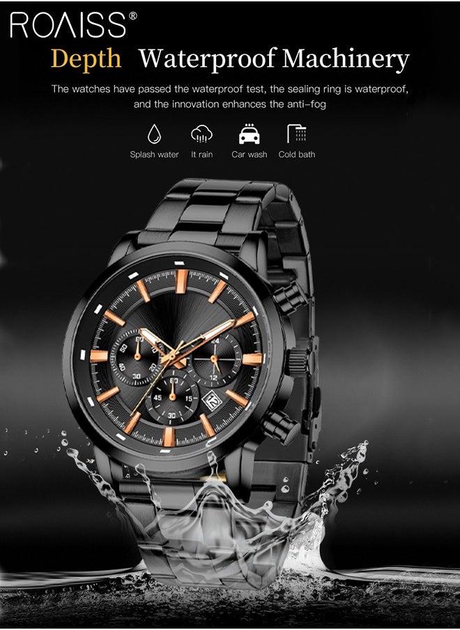 roaiss - Men's Watch Fashion Luxury Chronograph Quartz Watch Metal Stainless Steel Strap Waterproof Sports Luminous Wristwatch as Gift for Male - Image 1
