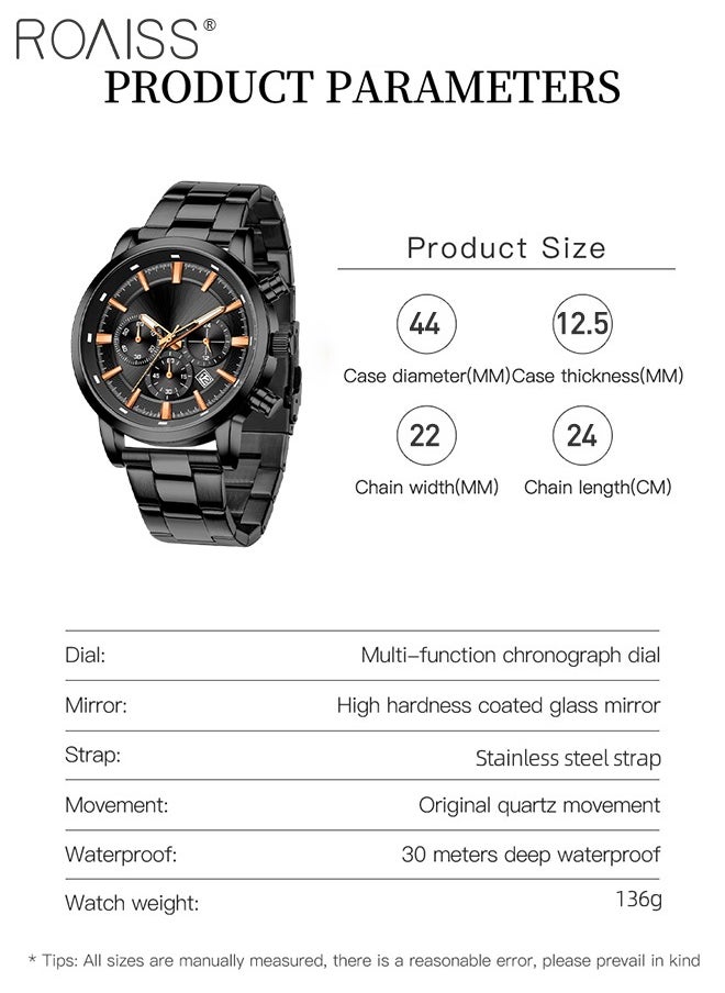 roaiss - Men's Watch Fashion Luxury Chronograph Quartz Watch Metal Stainless Steel Strap Waterproof Sports Luminous Wristwatch as Gift for Male - Image 1