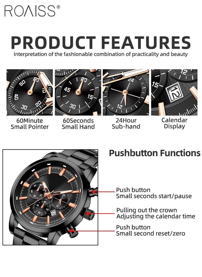 roaiss - Men's Watch Fashion Luxury Chronograph Quartz Watch Metal Stainless Steel Strap Waterproof Sports Luminous Wristwatch as Gift for Male - Image 1