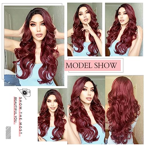 Ebingoo + Wig Cap 26 Inch Burgundy Lace Front Wigs with Dark Roots Wine Red Lace Front Wig With Baby Hair Ombre Red Lace Front Wigs for Women Daily Wear Party - Image 4