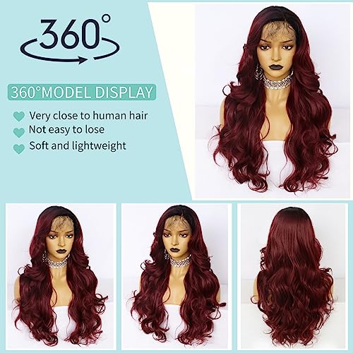 Ebingoo + Wig Cap 26 Inch Burgundy Lace Front Wigs with Dark Roots Wine Red Lace Front Wig With Baby Hair Ombre Red Lace Front Wigs for Women Daily Wear Party - Image 2