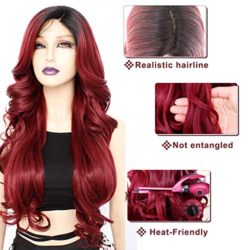 Ebingoo + Wig Cap 26 Inch Burgundy Lace Front Wigs with Dark Roots Wine Red Lace Front Wig With Baby Hair Ombre Red Lace Front Wigs for Women Daily Wear Party - Image 3