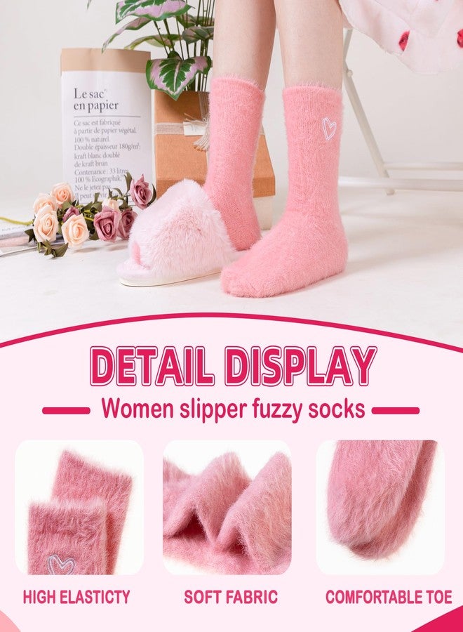 Velice Fuzzy Socks For Women Fluffy Cozy Slipper Pink Heart Bow Warm Winter Home Sleeping Thick Comfy Socks 5 Pairs, Heart-pink Series, One size - Image 3