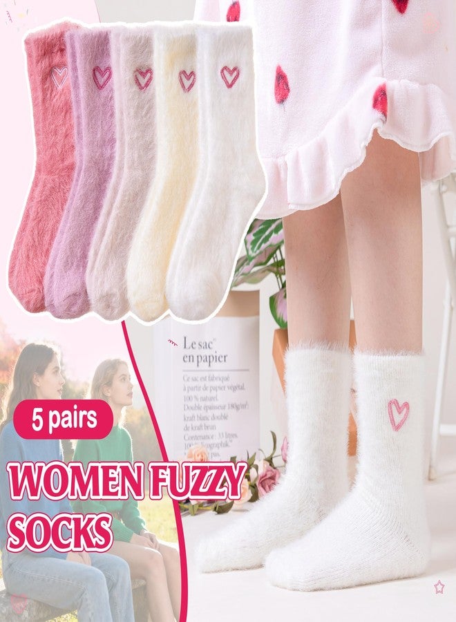 Velice Fuzzy Socks For Women Fluffy Cozy Slipper Pink Heart Bow Warm Winter Home Sleeping Thick Comfy Socks 5 Pairs, Heart-pink Series, One size - Image 4