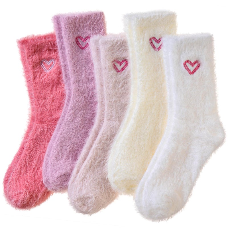 Velice Fuzzy Socks For Women Fluffy Cozy Slipper Pink Heart Bow Warm Winter Home Sleeping Thick Comfy Socks 5 Pairs, Heart-pink Series, One size - Image 1