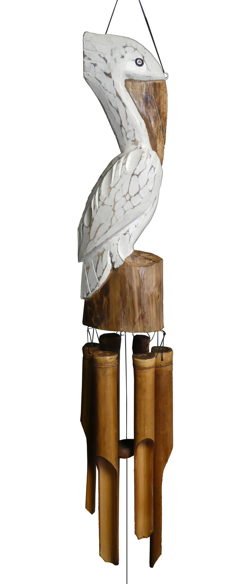 Cohasset Gifts Bamboo Wind Chime | #115P | "Pickford" Pelican Bamboo Wind Chime | Nautical, Outdoor, Home Décor for Decks, Garden, Porch | Pelican Approximately 14" | Hand Carved Distressed White Finish | - Image 1