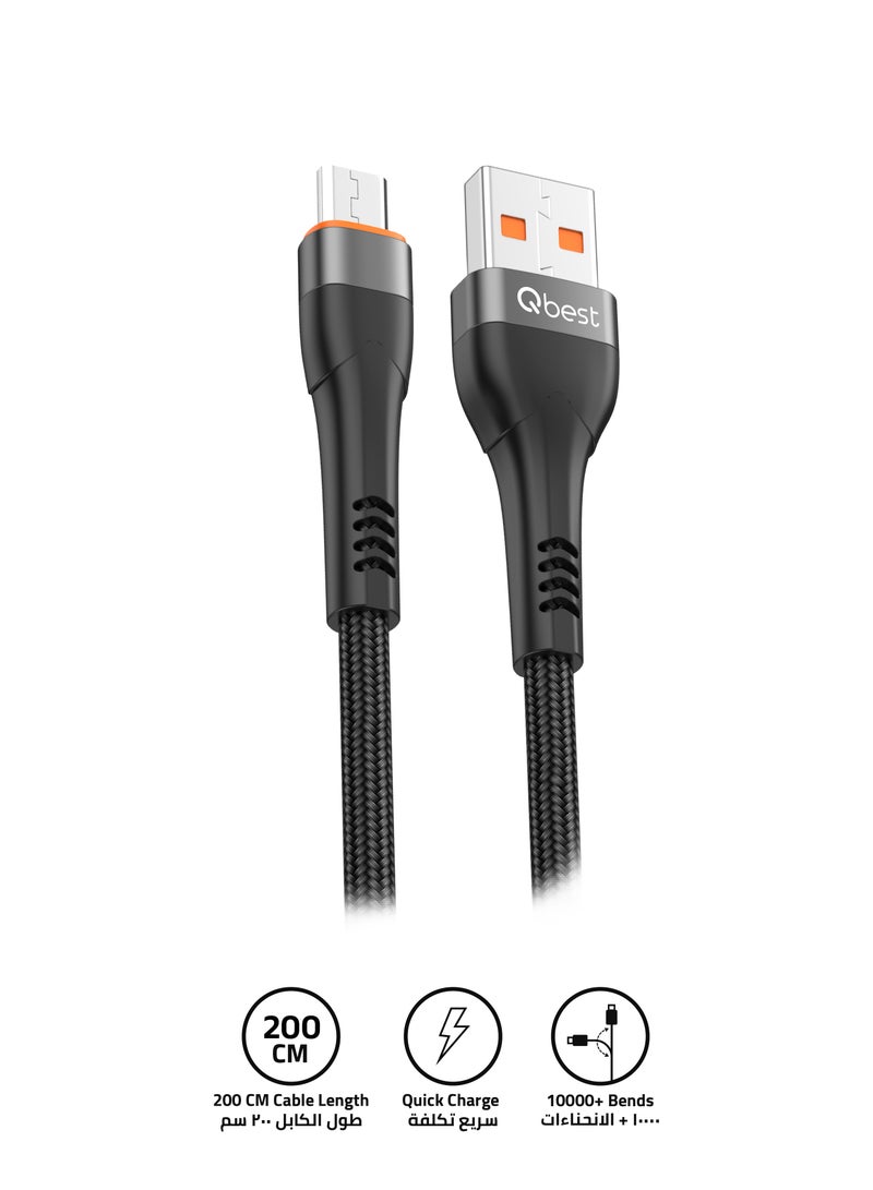 Qbest 3A Superfast USB to Micro Data Cable 2M – High-Speed Data Transfer, Quick Charge, Durable Nylon Design - Black - Image 1