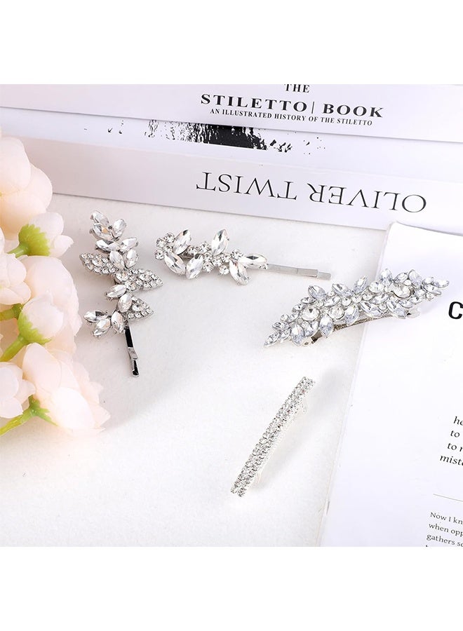 Lemon 4 Pcs Rhinestone Hair Clip, Sparkly Bling Bridal Wedding Leaf Hairpin, Silver Fashion French Jewelry - Image 5