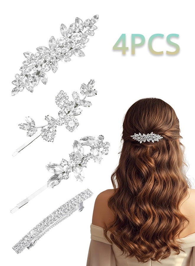Lemon 4 Pcs Rhinestone Hair Clip, Sparkly Bling Bridal Wedding Leaf Hairpin, Silver Fashion French Jewelry - Image 1