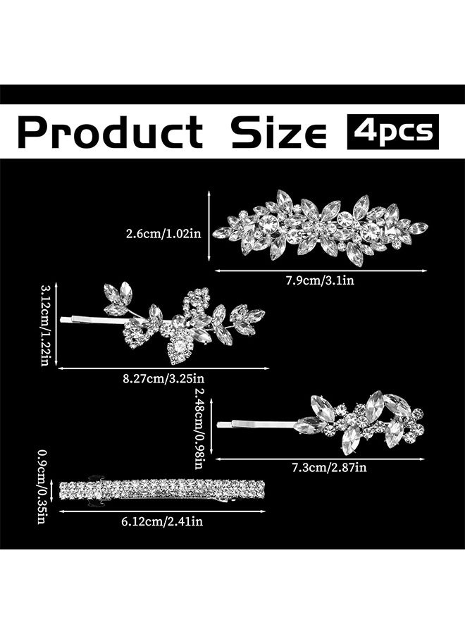 Lemon 4 Pcs Rhinestone Hair Clip, Sparkly Bling Bridal Wedding Leaf Hairpin, Silver Fashion French Jewelry - Image 2