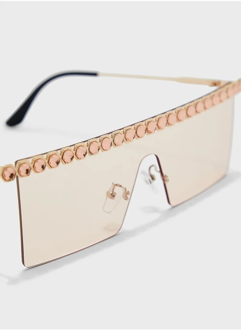 Ginger Coloured Jewel Trim Shield Sunglasses