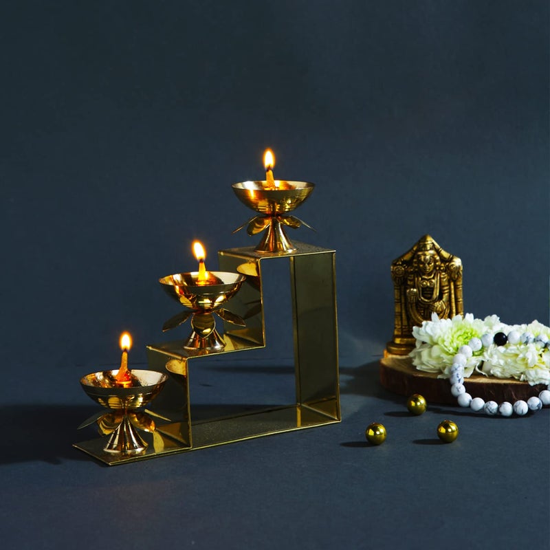 CraftVatika CraftVatika Brass Lotus Diya Oil Puja Lamp Piller Stand 3 Step Diya for Home Temple Pooja Articles Decor Gifts 1Pcs - Image 1