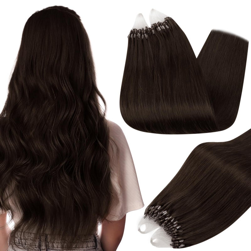 Full Shine Microlink Hair Extensions Human Hair 16 Inch Micro Loop Hair Extensions Real Human Hair Color 2 Dark Brown 50G with 7G Micro Beads Easy Installation add Volume for Women - Image 1