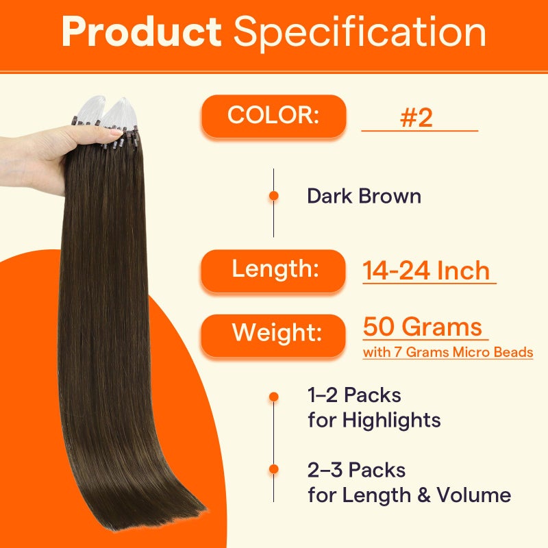 Full Shine Microlink Hair Extensions Human Hair 16 Inch Micro Loop Hair Extensions Real Human Hair Color 2 Dark Brown 50G with 7G Micro Beads Easy Installation add Volume for Women - Image 4