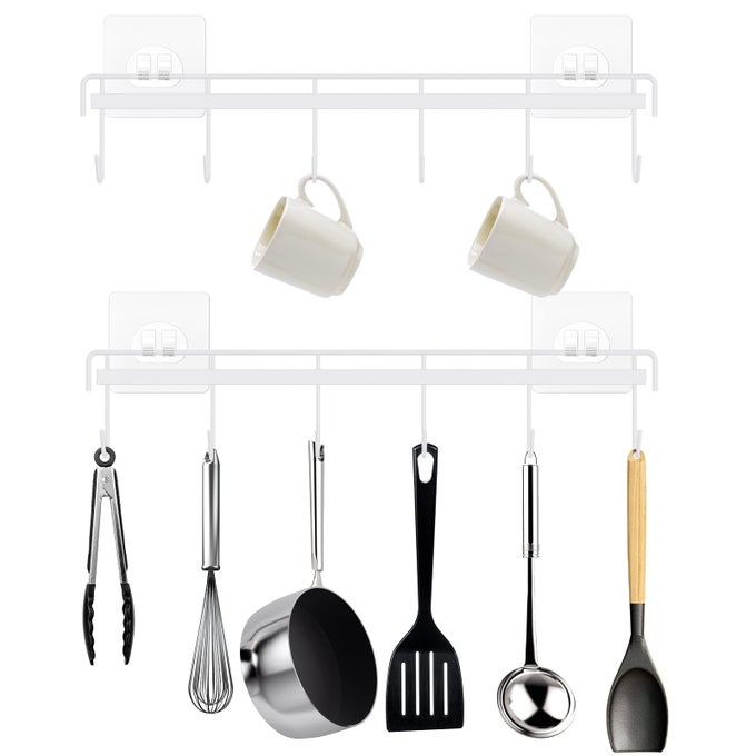KITCHEN UTENSIL HANGER ADHESIVE UTENSIL HOLDER WALL MOUNT KITCHEN RACK RAIL WITH 12 HOOKS SPACE SAVING AND NO DRILLING WHITE 2 PCS