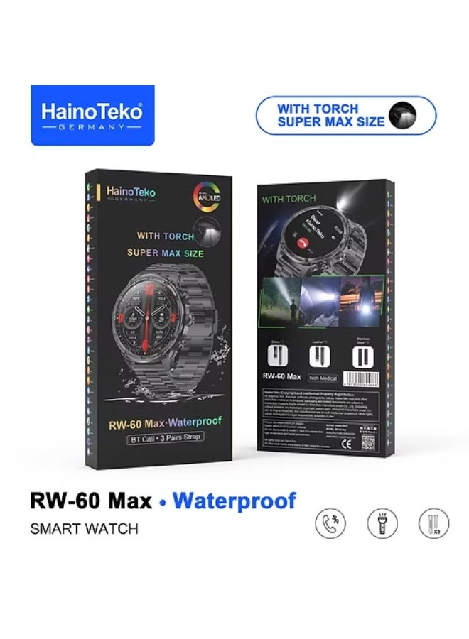 Haino Teko RW-60 MAX smartwatch with a large AMOLED screen for phone calls, water resistance, front flashlight, and 3 interchangeable straps in different styles. - Image 2