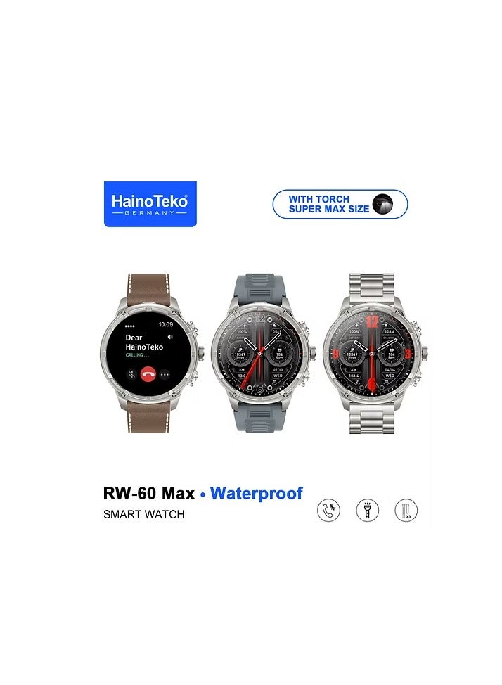 Haino Teko RW-60 MAX smartwatch with a large AMOLED screen for phone calls, water resistance, front flashlight, and 3 interchangeable straps in different styles. - Image 1