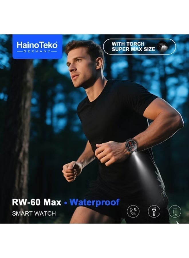Haino Teko RW-60 MAX smartwatch with a large AMOLED screen for phone calls, water resistance, front flashlight, and 3 interchangeable straps in different styles. - Image 5