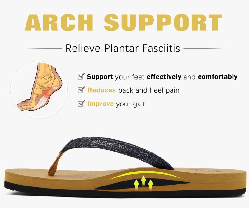KuaiLu Womens Arch Support Flip Flops Comfortable Yoga Mat Slip on Leather Walking Thong Cushion Sandals Summer Beach Orthotic Slides Travel Essentials Indoor Outdoor Slippers Shoes Black Khaki Size 9 - Image 4