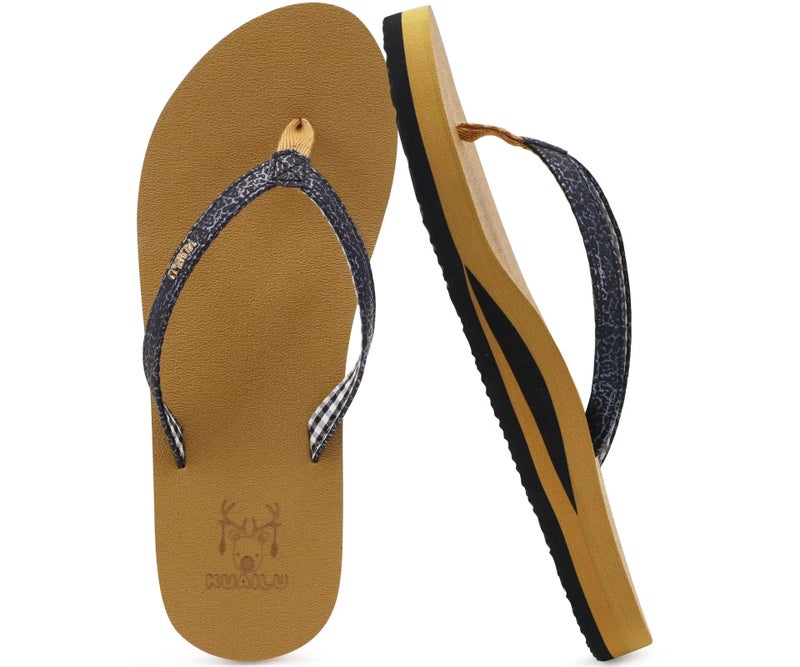 KuaiLu Womens Arch Support Flip Flops Comfortable Yoga Mat Slip on Leather Walking Thong Cushion Sandals Summer Beach Orthotic Slides Travel Essentials Indoor Outdoor Slippers Shoes Black Khaki Size 9 - Image 1