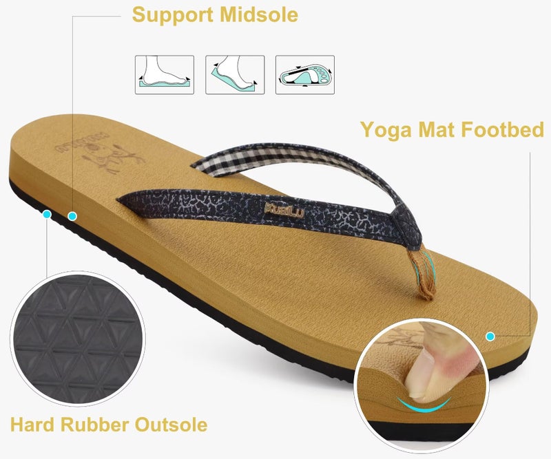 KuaiLu Womens Arch Support Flip Flops Comfortable Yoga Mat Slip on Leather Walking Thong Cushion Sandals Summer Beach Orthotic Slides Travel Essentials Indoor Outdoor Slippers Shoes Black Khaki Size 9 - Image 5