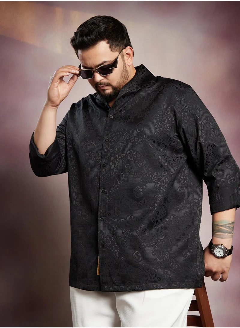 انستافاب بلس Instafab Plus Men's Onyx Black Floral Self-Woven Shirt For Casual Wear | Spread Collar | Long Cuffed Sleeves | Button Closure | Plus Size Shirt Crafted With Comfort Fit For Everyday Wear