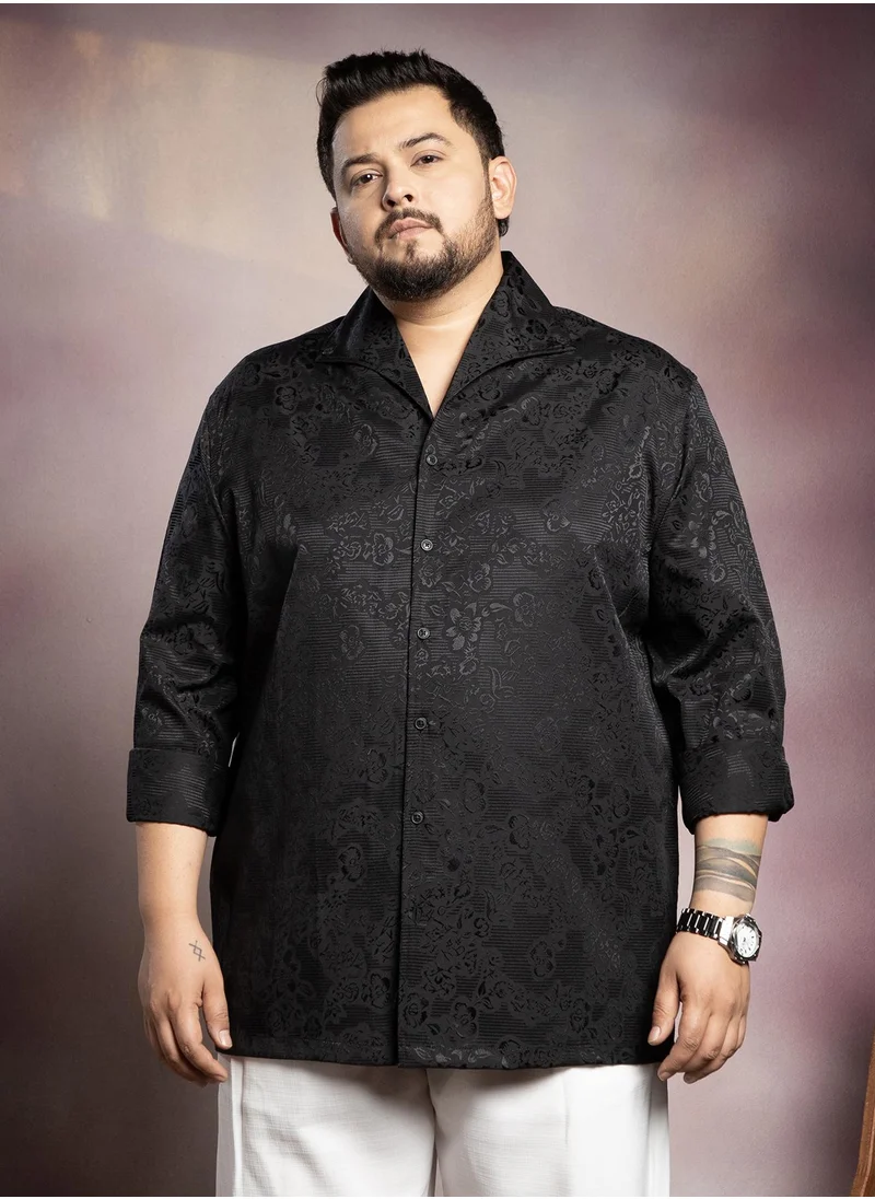 انستافاب بلس Instafab Plus Men's Onyx Black Floral Self-Woven Shirt For Casual Wear | Spread Collar | Long Cuffed Sleeves | Button Closure | Plus Size Shirt Crafted With Comfort Fit For Everyday Wear