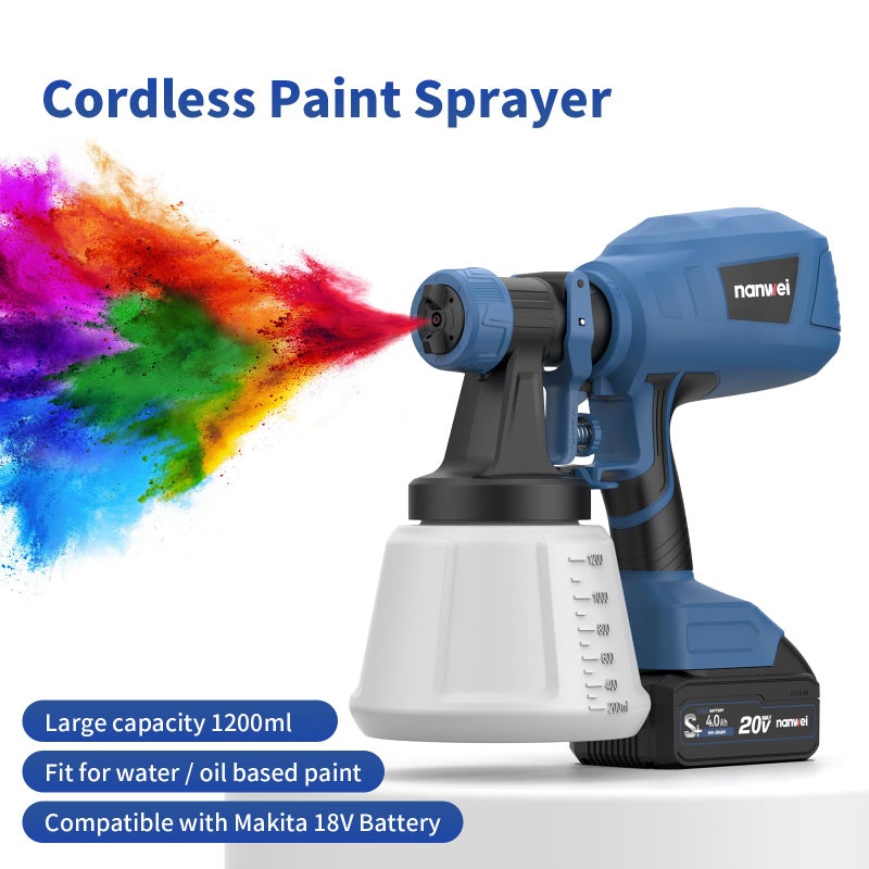 NANWEI Cordless Paint Sprayer with 2 Batteries, HVLP Spray Gun with 1200ML Container,with 4 Nozzles and 3 Patterns,Paint Sprayer Gun for House Furniture Cabinets Painting (with Battery) - Image 2
