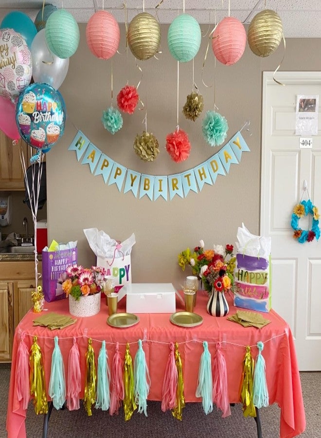Blukey Teal Happy Birthday Banner With Shiny Gold Letters, Swallowtail Design Hanging Signs Party Decorations - Image 4